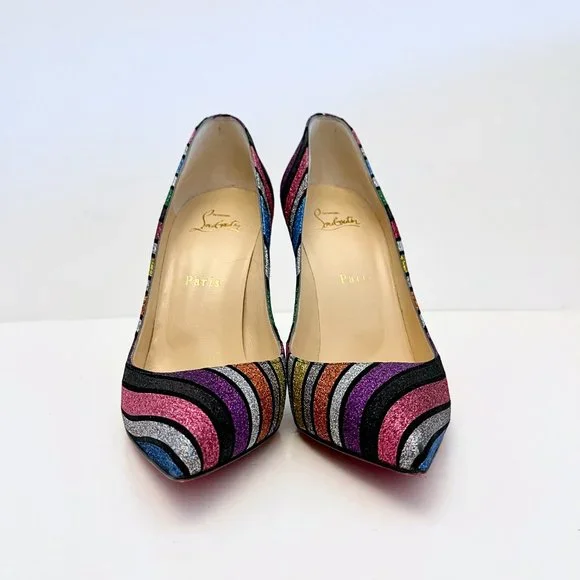 Christian Louboutin Pigalle Follies 100 Striped Glitter Pumps Rainbow Multicolor - Picture 3 of 14